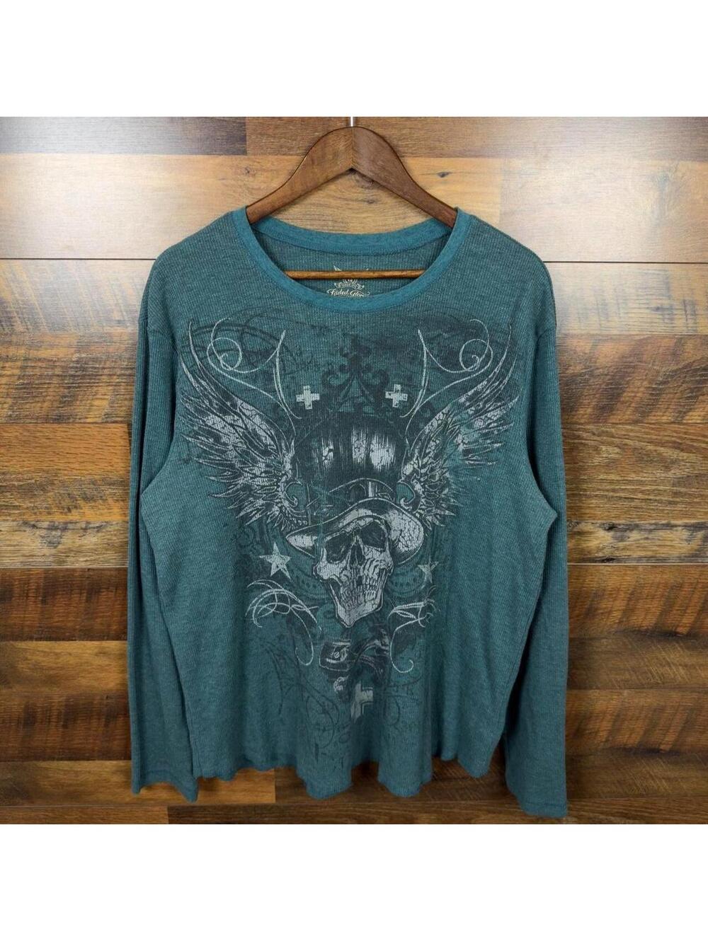 Y2K Faded Glory Thermal Shirt Skull Graphic Long Sleeve Waffle Knit Size 2XL